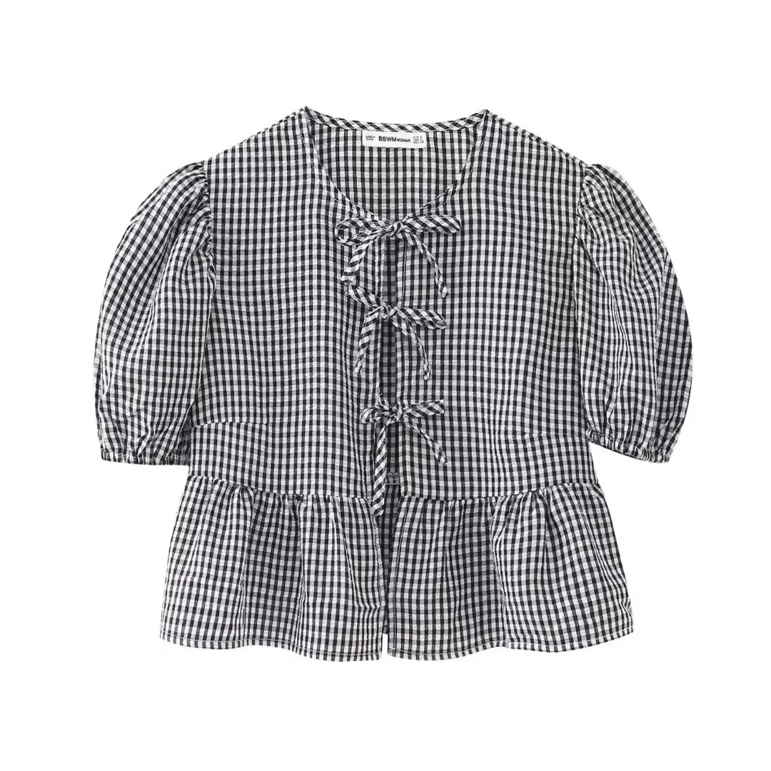 Women Sweet Casual Puff Sleeve Bow Knot Ruffled Stripe Leopard Blouse