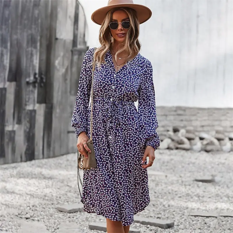 Women Fashion Tiny Flower Printed Single-Breasted Dress