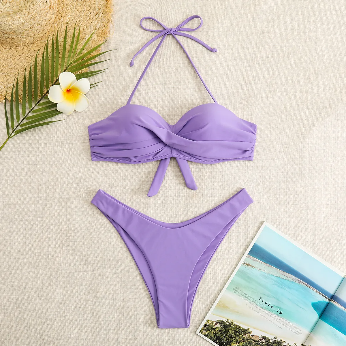 Women Fashion Sexy Halter Neck Tube Top Solid Color Swimsuit Two-Piece Set
