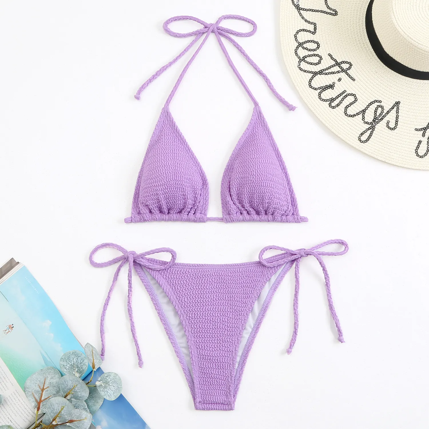 Women Fashion Sexy Fluorescent Color Ruffled Tether Bikini Swimsuit Two-Piece Set