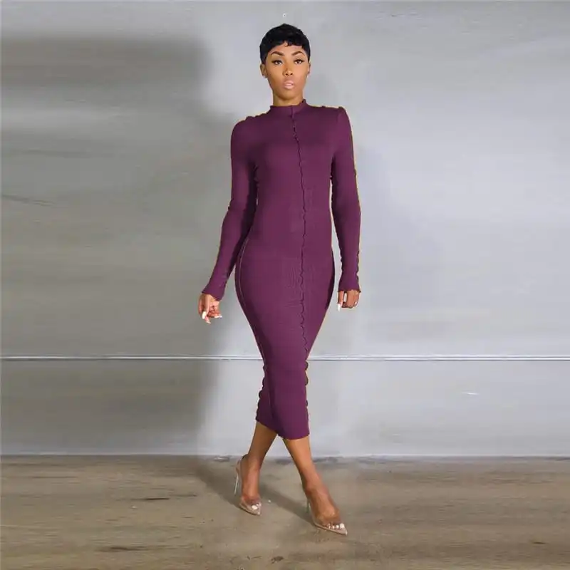 Women Fashion Solid Color Patchwork Long Sleeve Dress