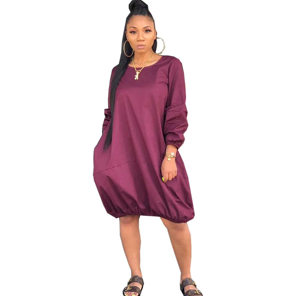 Round Neckline Long-Sleeve Pocket Design Loose Casual Dress