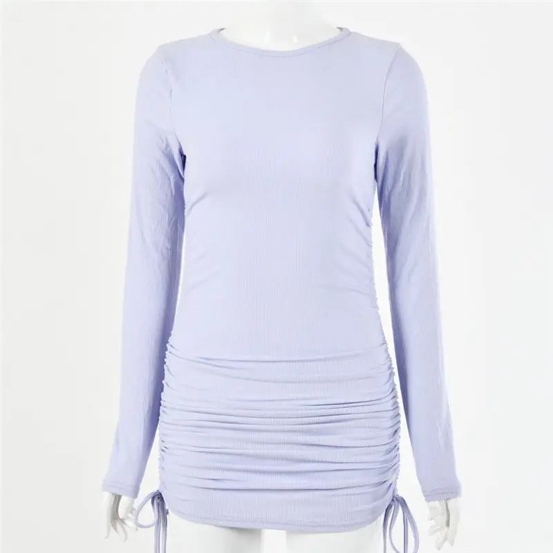 Women Fashion Solid Color Long Sleeve Drawstring Dress