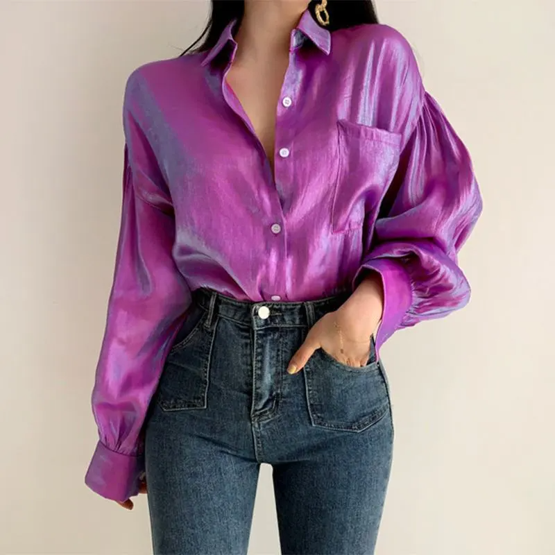 Women Fashion Solid Color Elegant Lapel Casual Long Puff Sleeve Blouse