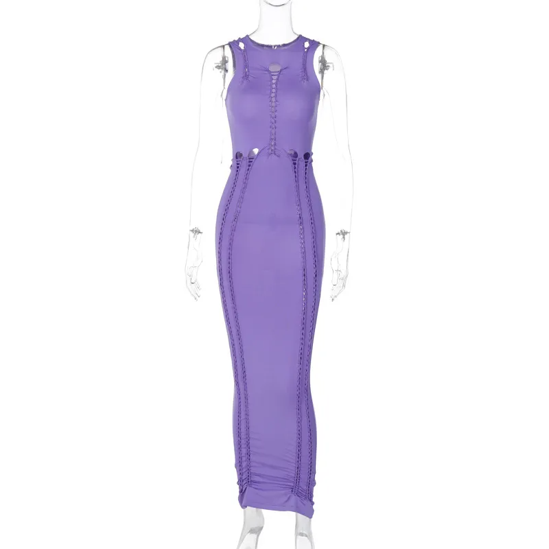 Women Sexy Solid Color Hollow Out Round Neck Sleeveless Maxi Bodycon Dress