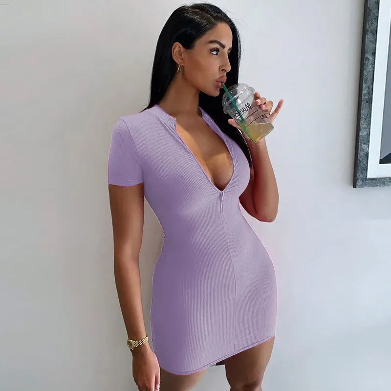 Women Basic Solid Color Short Sleeves Bodycon Zipper Dress