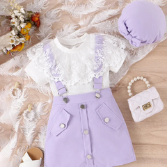 Children Kids Toddlers Fashion Girls Basic Casual Short Sleeve Lace Top And Straps Skirt Set