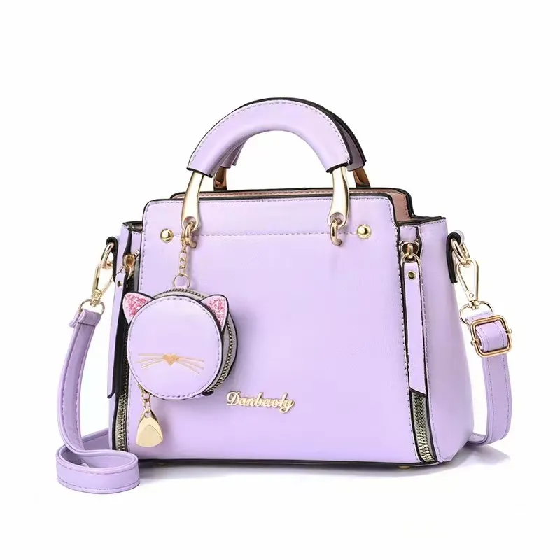 Women Fashionable Solid Color Cat Pendant Large Capacity Square PU Handbag