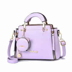 Women Fashionable Solid Color Cat Pendant Large Capacity Square PU Handbag