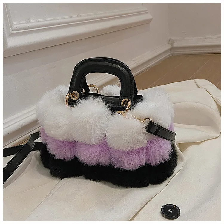 Women Casual Pompon Design Color Blocking Shoulder Handle Bag