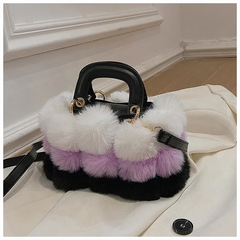 Women Casual Pompon Design Color Blocking Shoulder Handle Bag
