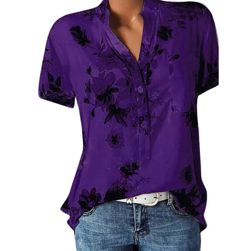 Women Elegant Fashion Loose Casual Short Sleeves Tiny Flower Print V Neck Blouse