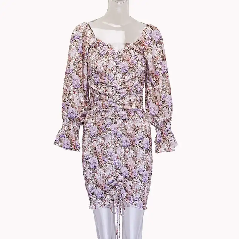 Women Fashion Floral Printed Ruffled Crease Dress