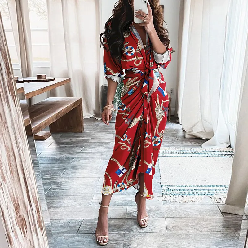 Women Fashion V Neck Bandage Creased Dress