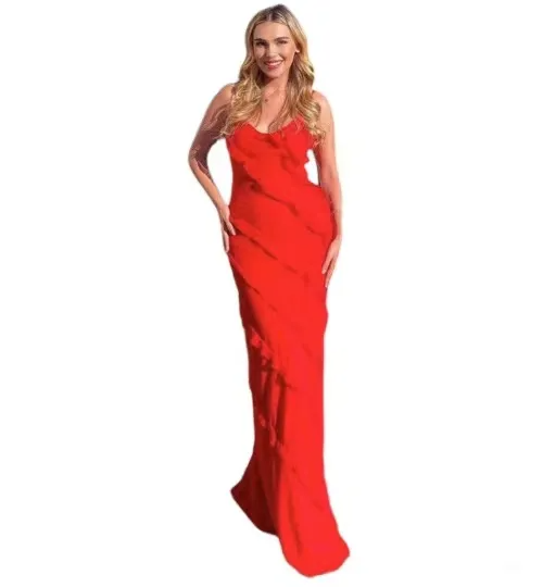 Women Fashion Sexy Solid Color Spaghetti Strap Ruffled Dress