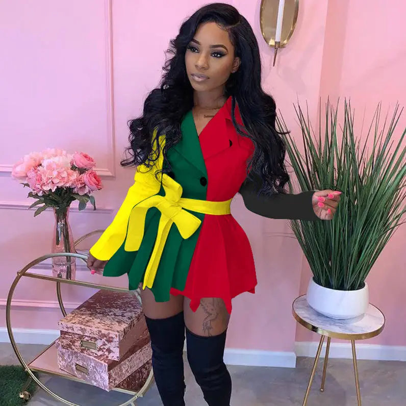 Women Fashion Color Blocking Lapel Buttoned Dress