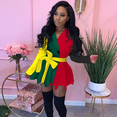 Women Fashion Color Blocking Lapel Buttoned Dress