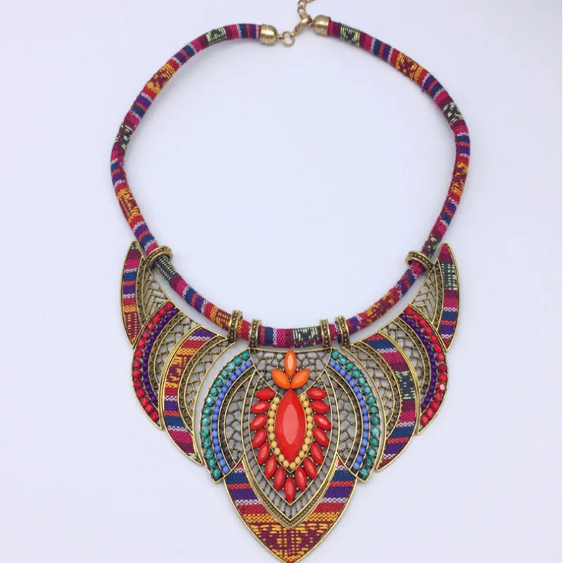 Women Fashion Ethnic Style Multicolor Braided Rope Alloy Diamond Bohemian Necklace