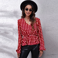 Women Casual Plaid Printed Lantern Defined Waist V Neck Long-Sleeved Chiffon Blouse