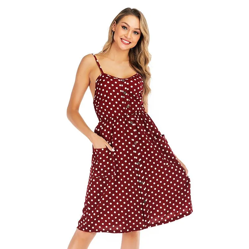 Women New Buttoned Defined Waist Design Graphic Print Slip Dress
