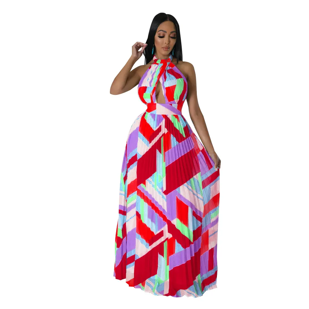 Women Fashion Halter Neck Backless Pleated Sleeveless Maxi Dress