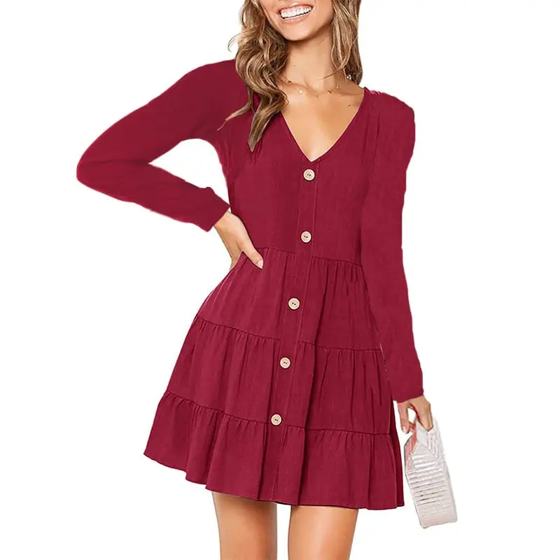 Women Solid Color V Neck Single-Breasted Dress