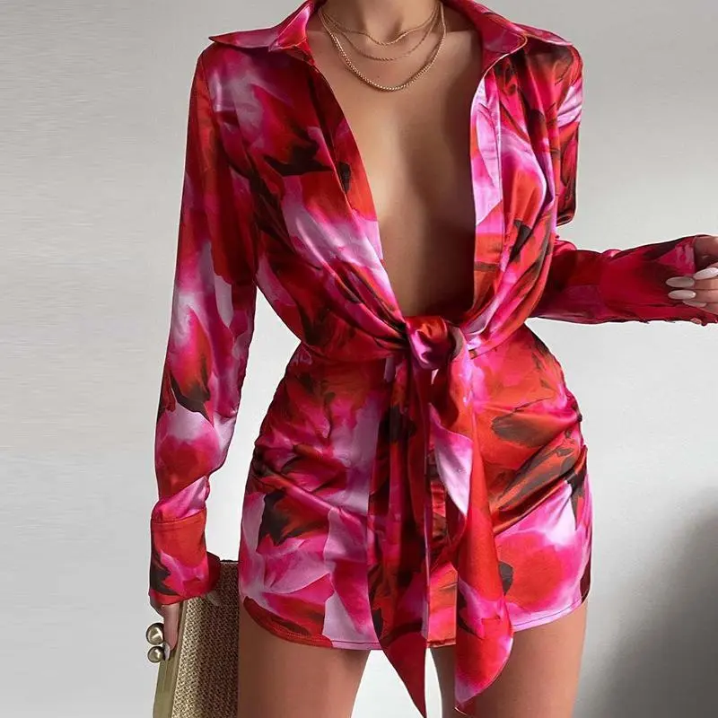 Elegant Sexy V-Neck Long Sleeve Lace-Up Dress
