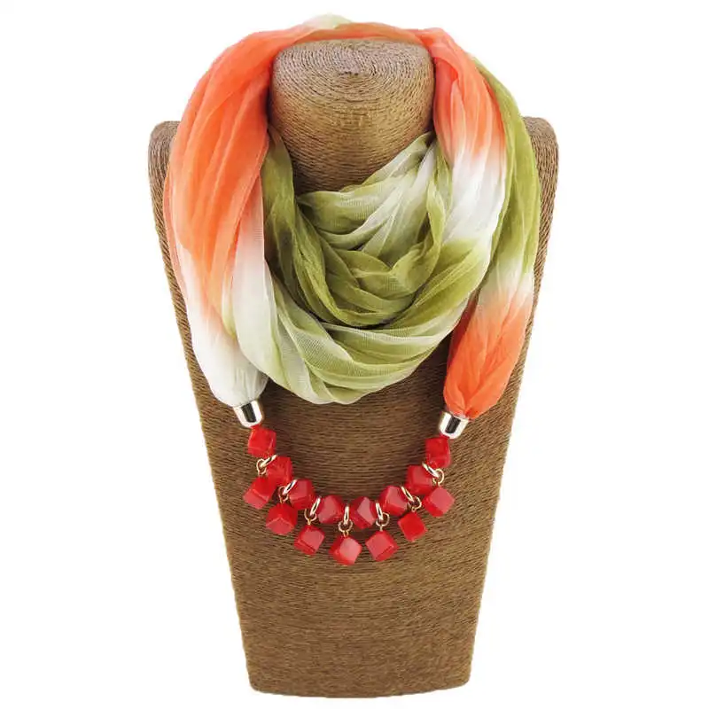 Women Party Cube Shape Resin Pendant Polyester Scarf Necklace