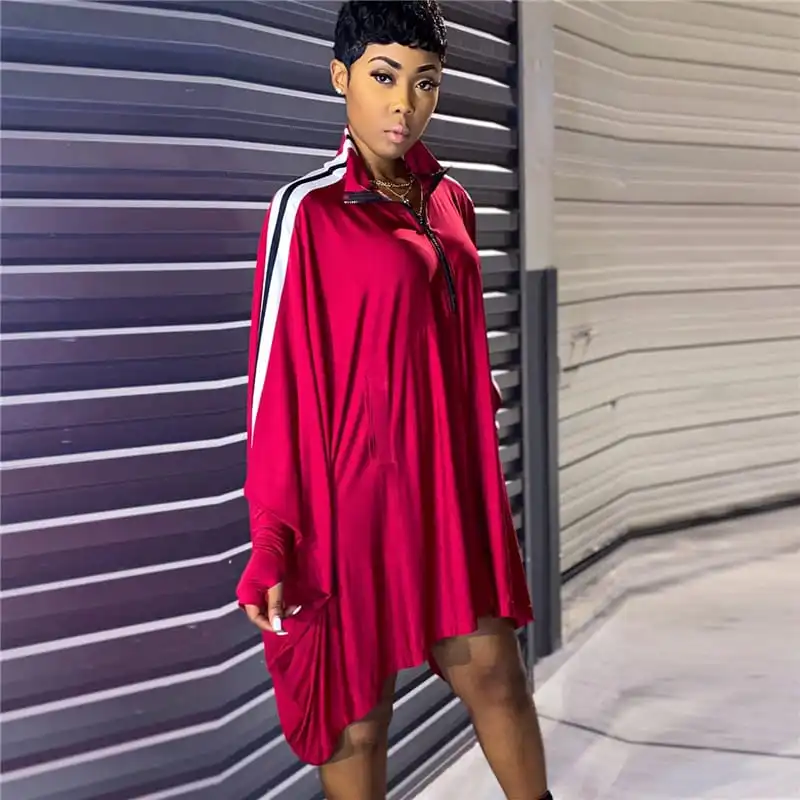 Women Fashion Lapel Loose Dolman Sleeve Dress