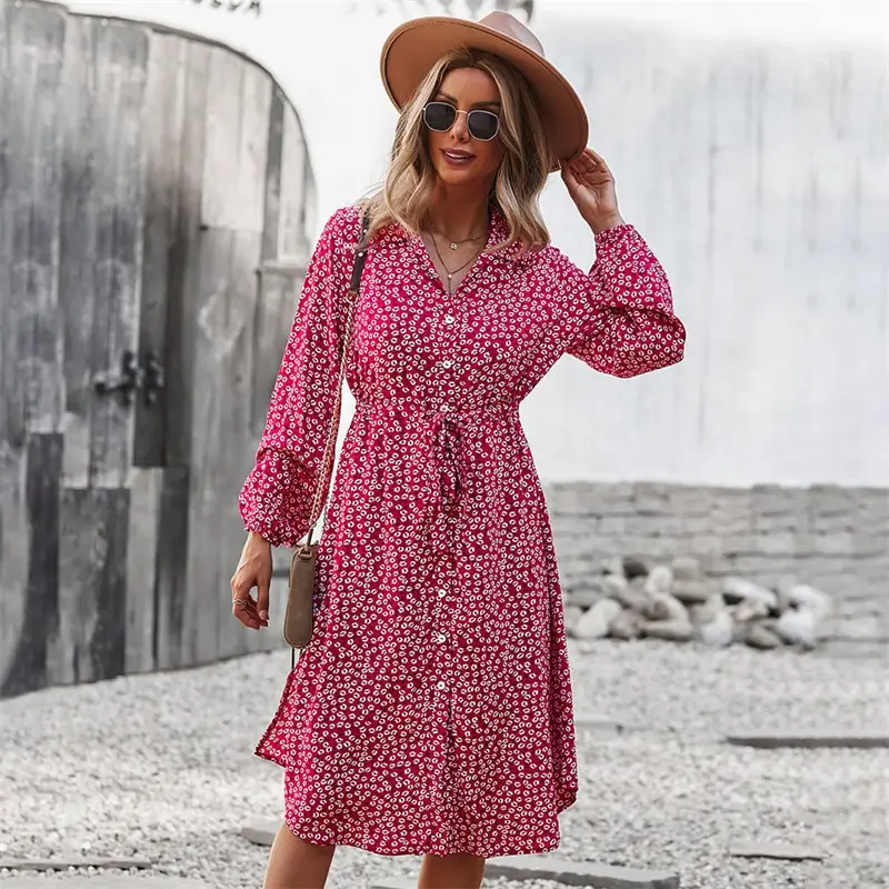 Women Fashion Tiny Flower Printed Single-Breasted Dress