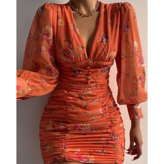 Women Fashion Flower Print Long Sleeve Pleated Bodycon Dress