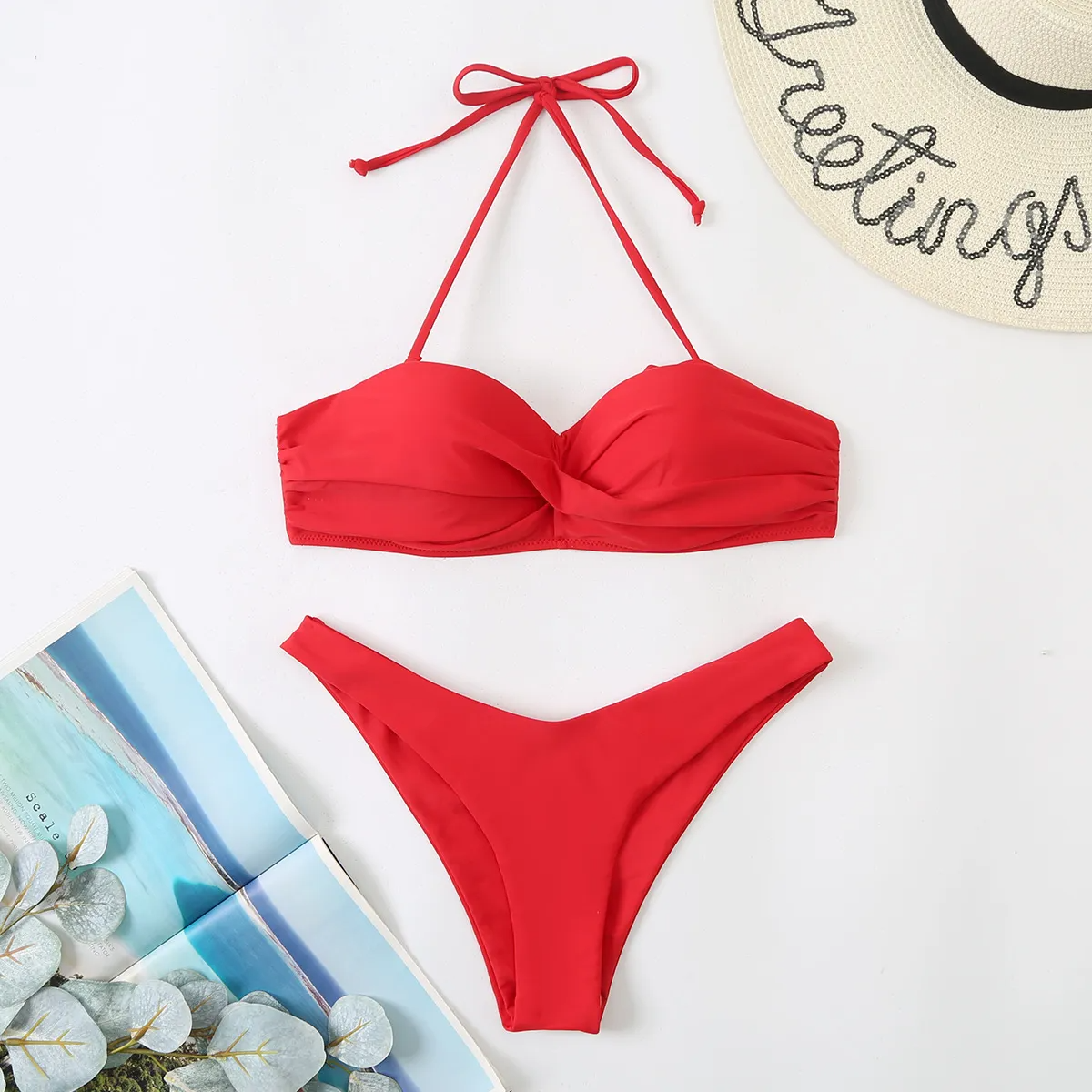 Women Fashion Sexy Halter Neck Tube Top Solid Color Swimsuit Two-Piece Set
