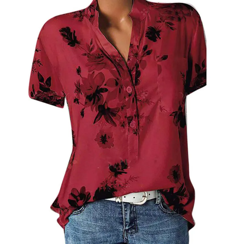 Women Elegant Fashion Loose Casual Short Sleeves Tiny Flower Print V Neck Blouse