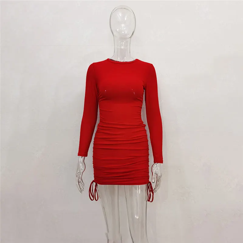 Women Fashion Solid Color Drawstring Bodycon Dresses