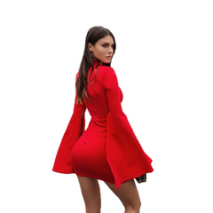 Women Solid Color Fluttering Sleeve Turtle Neck Mini Dress