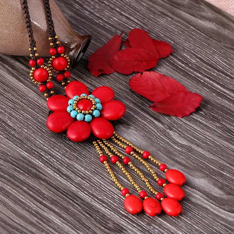 Women'S Vintage Boho Semi-Precious Stone Wax Rope Hand Woven Floral Necklace