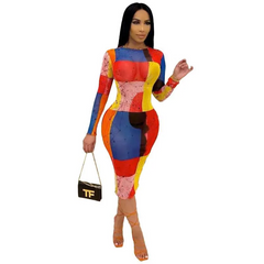Women Fashion Color Blocking Long Sleeve Dress