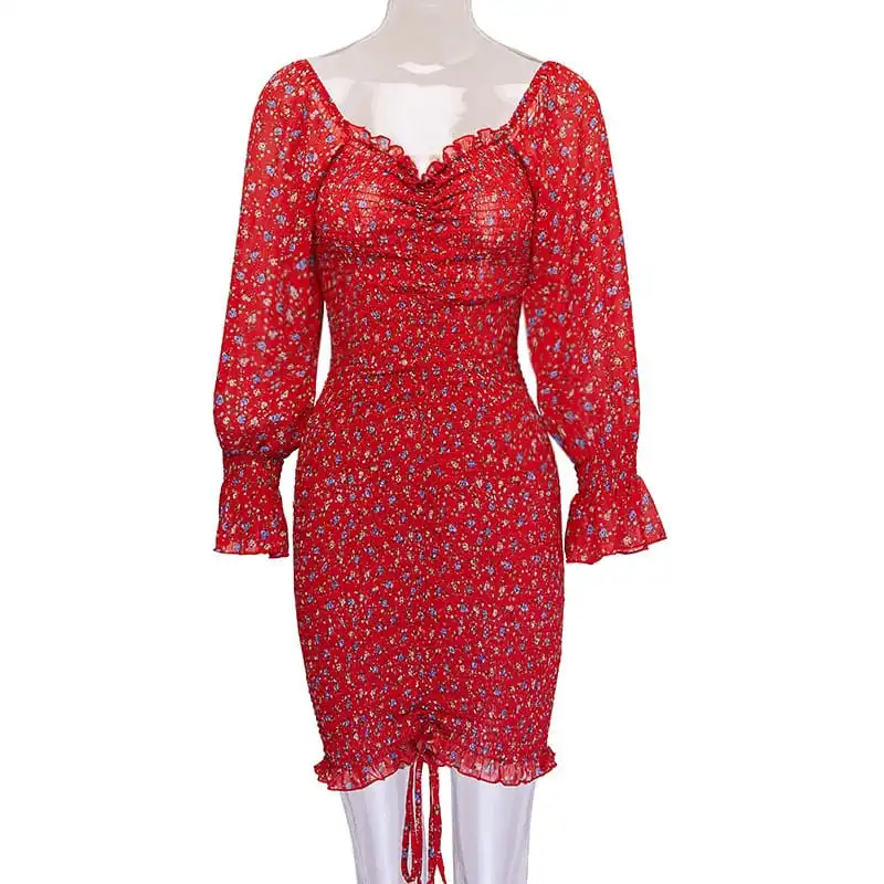 Women Fashion Floral Printed Ruffled Crease Dress
