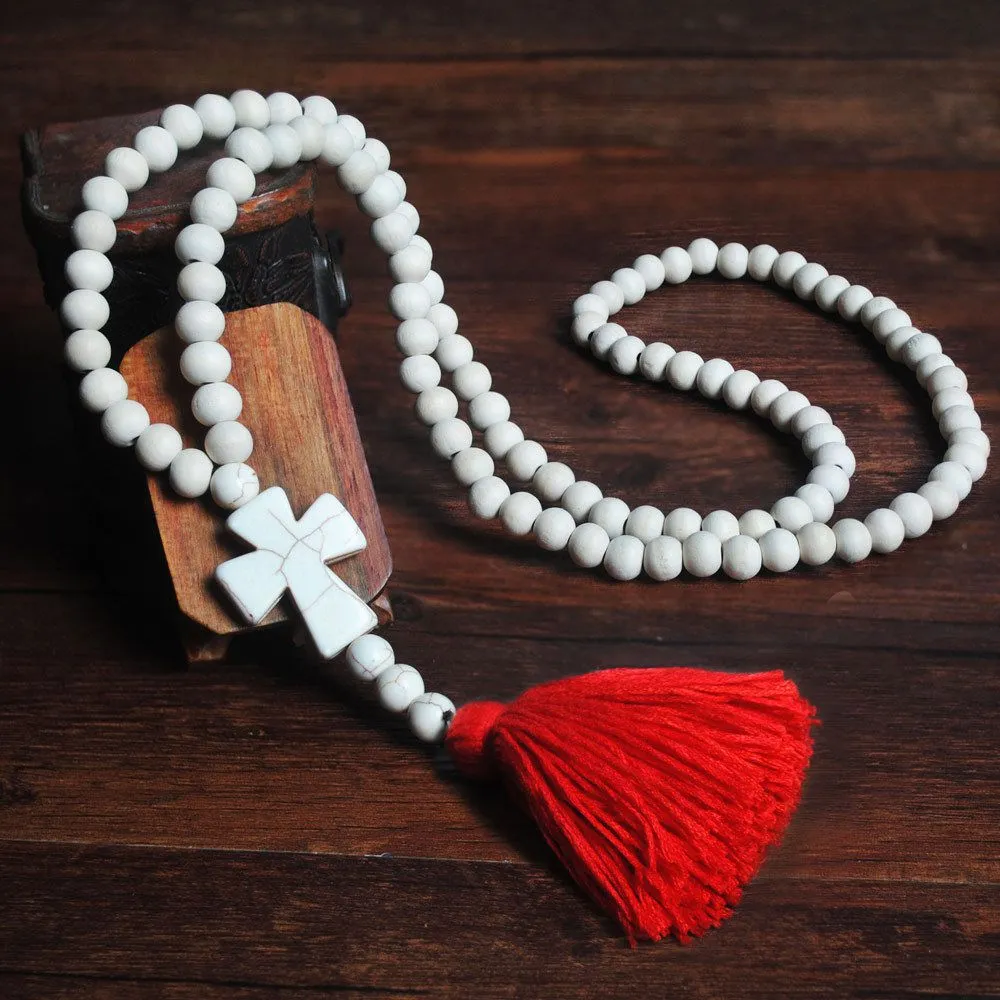 Hot Sale Vintage Pattern White Wooden Beads Cross Tassel Pendant Necklace