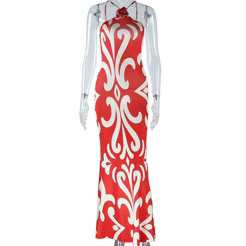 Women Fashion Print Sexy Sleeveless Bodycon Maxi Dress