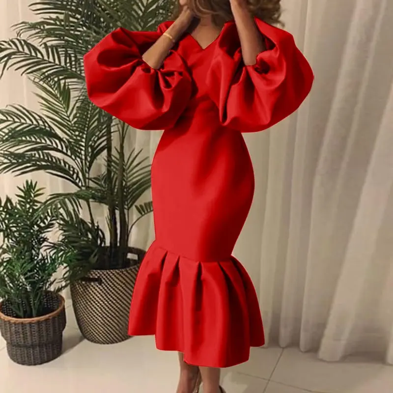 Women Plus Size Solid Color Puff Sleeve Flouncing Dress