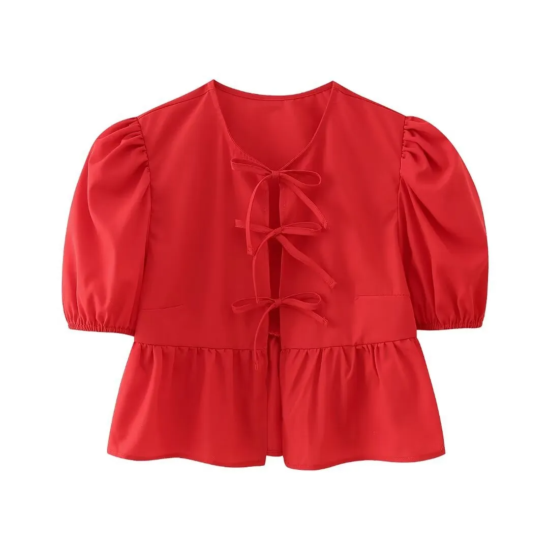 Women Sweet Casual Puff Sleeve Bow Knot Ruffled Stripe Leopard Blouse