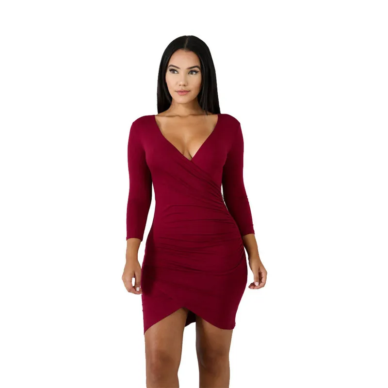 Women Solid Color Off Shoulder Long Sleeve Creased Wrap Dress