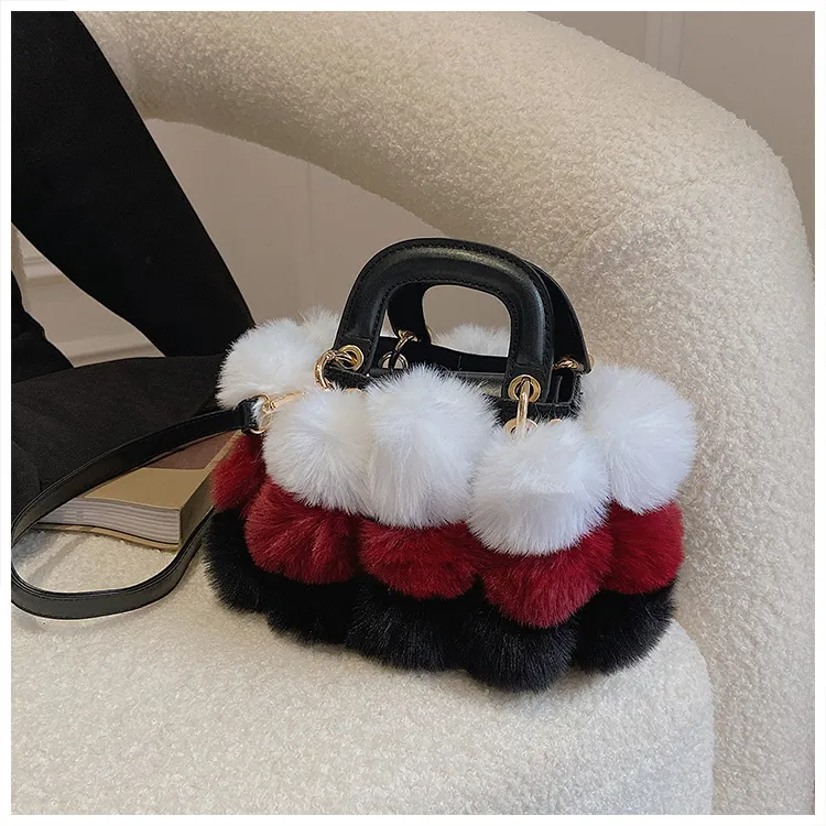Women Casual Pompon Design Color Blocking Shoulder Handle Bag