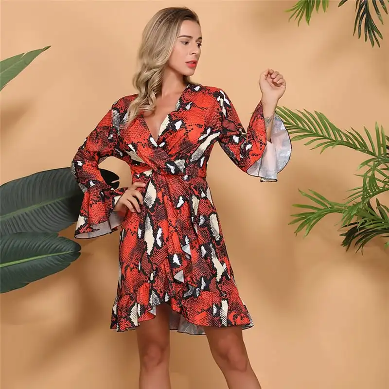 Women Fashion Snakeskin Print Ruffled Dress