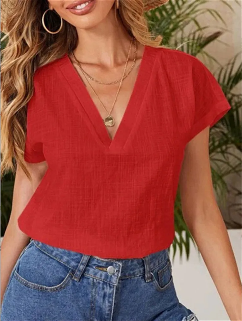 Women Casual Summer Solid Color Loose Short-Sleeved V Neck Short-Sleeved Blouse