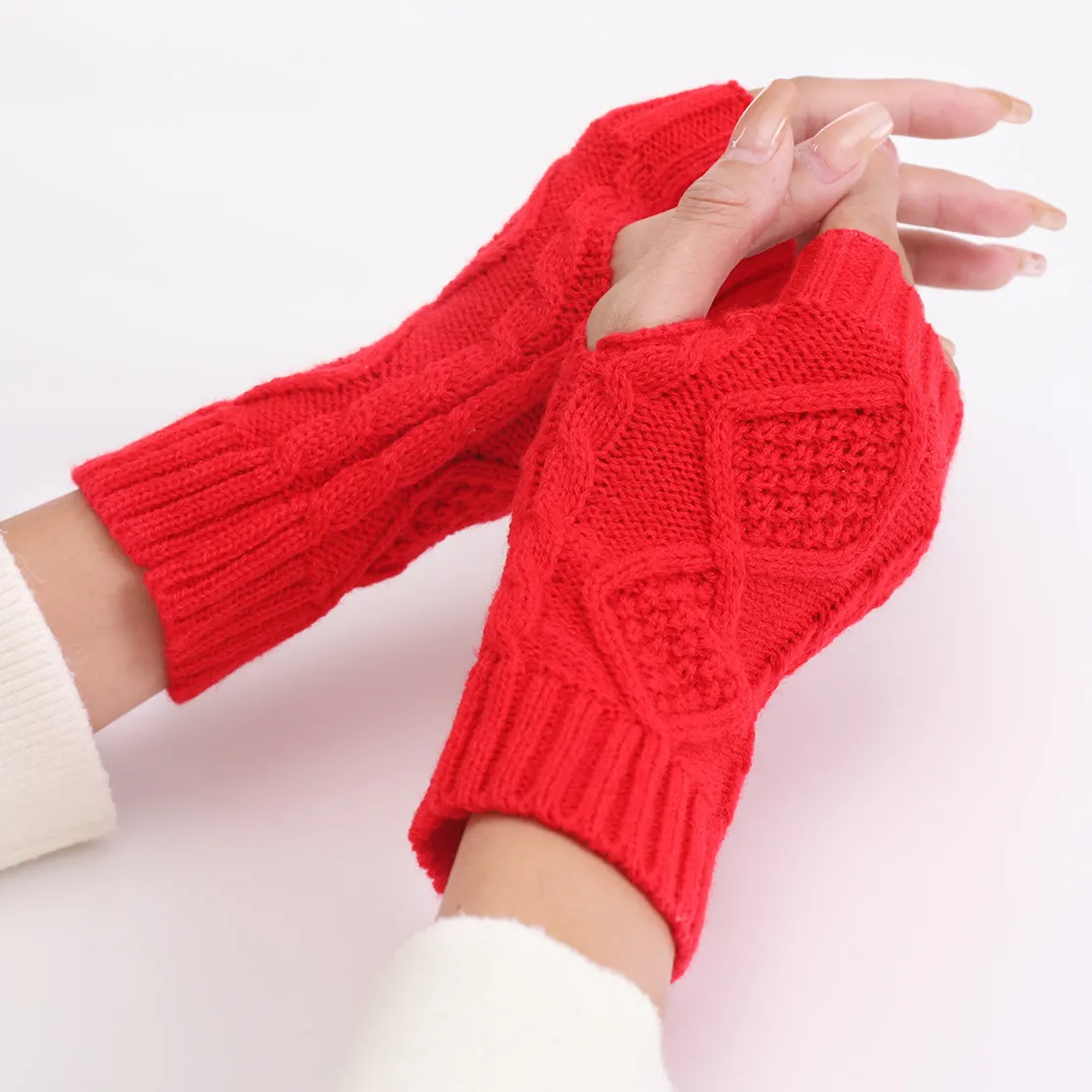 Women Winter Causal Solid Color Knitted Warm Fingerless Gloves