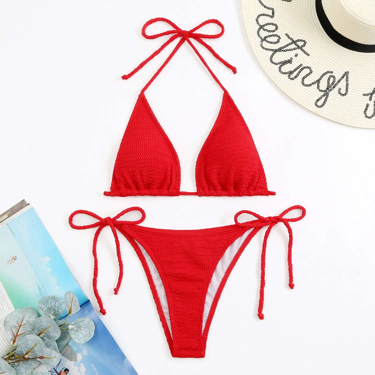 Women Fashion Sexy Fluorescent Color Ruffled Tether Bikini Swimsuit Two-Piece Set