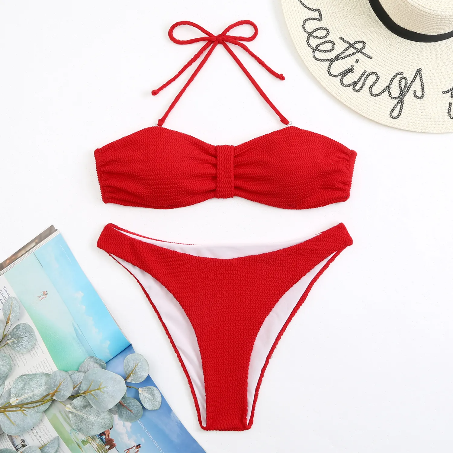 Women Fashion Sexy Fluorescent Ruffle Tether Bikini Swimsuit Two-Piece Set