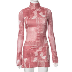 Printed High Neck Long Sleeve Bodycon Dress